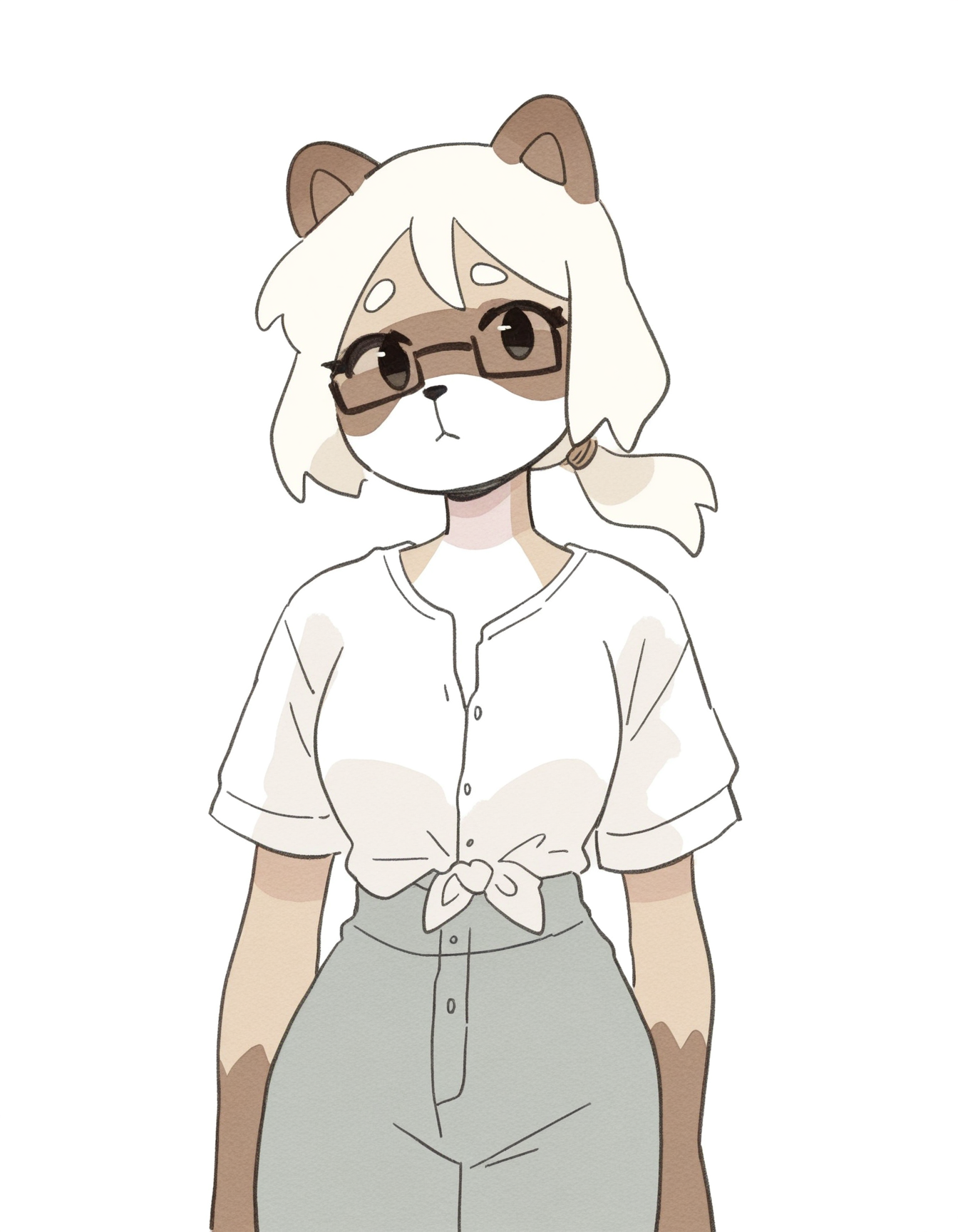 watercolor, colored outlines, 

1girl, solo, furry, anthro raccoon girl, almond-shaped eyes, hazel eyes, (square glasses:1.15), straight blonde hair, long ponytail, (button-up shirt:1.35), 