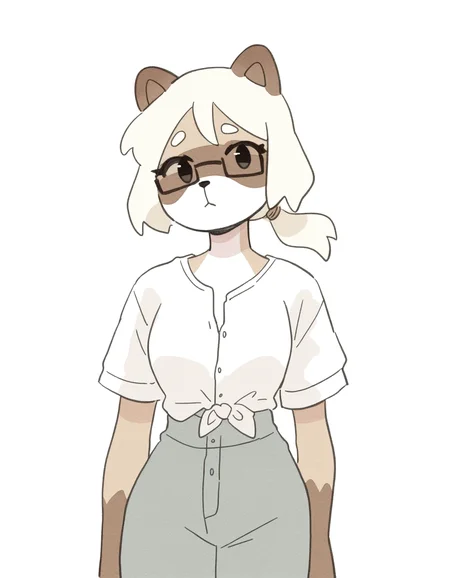 watercolor, colored outlines,
1girl, solo, furry, anthro raccoon girl, almond-shaped eyes, hazel eyes, (square glasses:1.15), straight blonde hair, long ponytail, (button-up shirt:1.35),