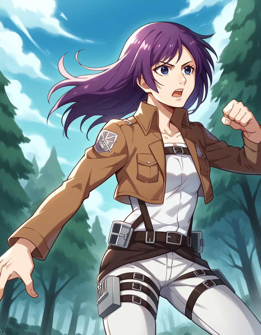 score_9, score_8_up, score_7_up, source_anime, hitagisenjougahara, <lora:hitagi-senjougahara-anime-ponyxl-lora-nochekaiser:1>, senjougahara hitagi, bangs, long hair, blue eyes, purple hair,, <lora:paradis-military-uniform-ponyxl-lora-nochekaiser:1>, paradis military uniform, belt, cloack, cropped jacket, emblem, green cloak, jacket, long sleeves, pants, shirt, thigh strap, uniform, white pants, white shirt, brown jacket,, outdoors, forest, nature, fighting stance, open mouth, floating, flying,, cowboy shot, dutch angle, solo,