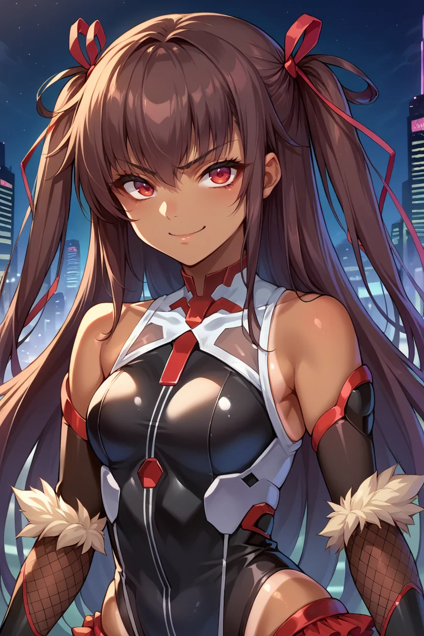 score_9, score_8_up, score_7_up, score_6_up, source_anime, 1girl, solo <lora:mizukiyukikaze-pdxl-nvwls-v1-000005:1> defyuki, tan, brown hair, red eyes, two side up, long hair, hair ribbon, black leotard, bare shoulders, detached sleeves, frilled leotard, tanlines, fishnets, elbow gloves, black thighhighs, upper body, city, night sky, cyberpunk, smirk, looking at you
