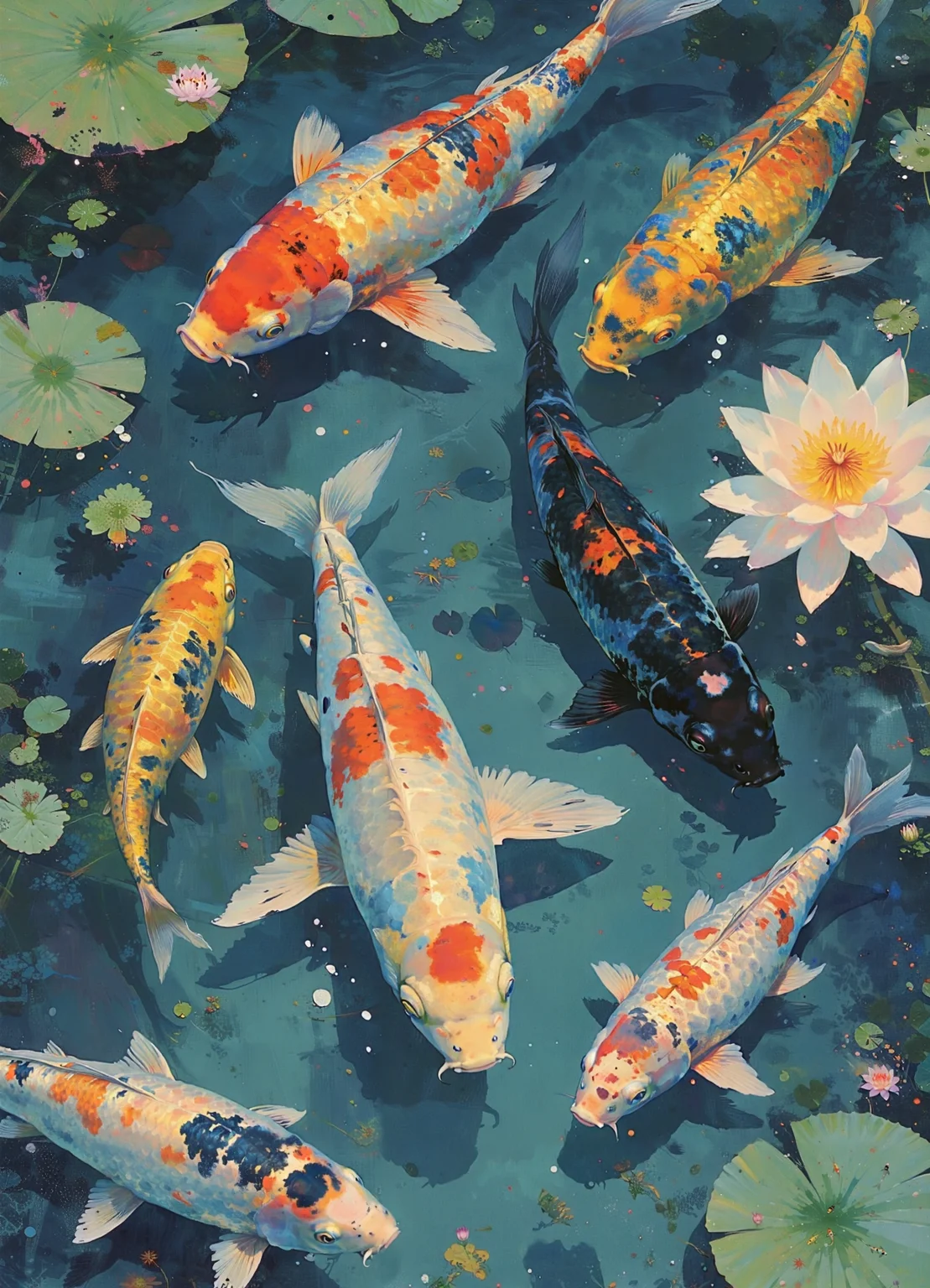 qiu_blue, A artistic painting with blue and white tine. A top down view of a pond filled with koi fish. Colorful koi fish swim while lotus, lily pad and duckweed float on the pond. Each koi fish has distinct and aesthetically pleasing patterns, such as white-skinned koi, with large red markings on the top, black koi with red and white markings, and yellow koi with white and black markings.