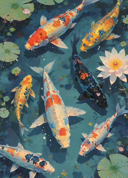 qiu_blue, A artistic painting with blue and white tine. A top down view of a pond filled with koi fish. Colorful koi fish swim while lotus, lily pad and duckweed float on the pond. Each koi fish has distinct and aesthetically pleasing patterns, such as white-skinned koi, with large red markings on the top, black koi with red and white markings, and yellow koi with white and black markings.