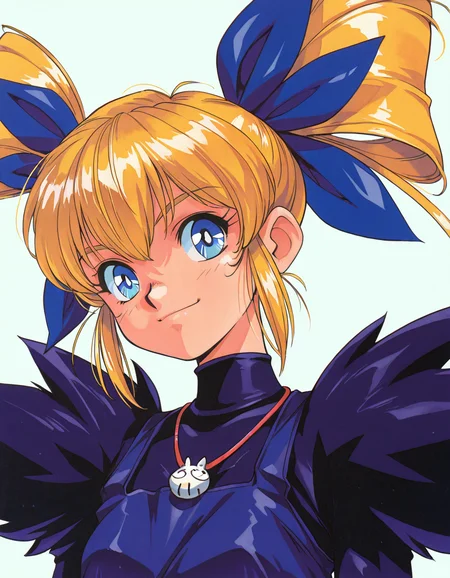masterpiece, best quality, ultra detailed, aesthetically pleasing, absurdres, highres, ultra-detailed, beautiful detailed hair, beautiful detailed eyes, glistening skin, anime_screencap, retro anime, BREAK,
gb_mrn, 1girl, twintails, blonde hair, blue eyes, twintails, dress, black pantyhose, bow, hair bow, necklace, portrait, looking at viewer, smile, 
simple background,  <lora:Marion (Gunbird) [Illustrious]_epoch_5:1>