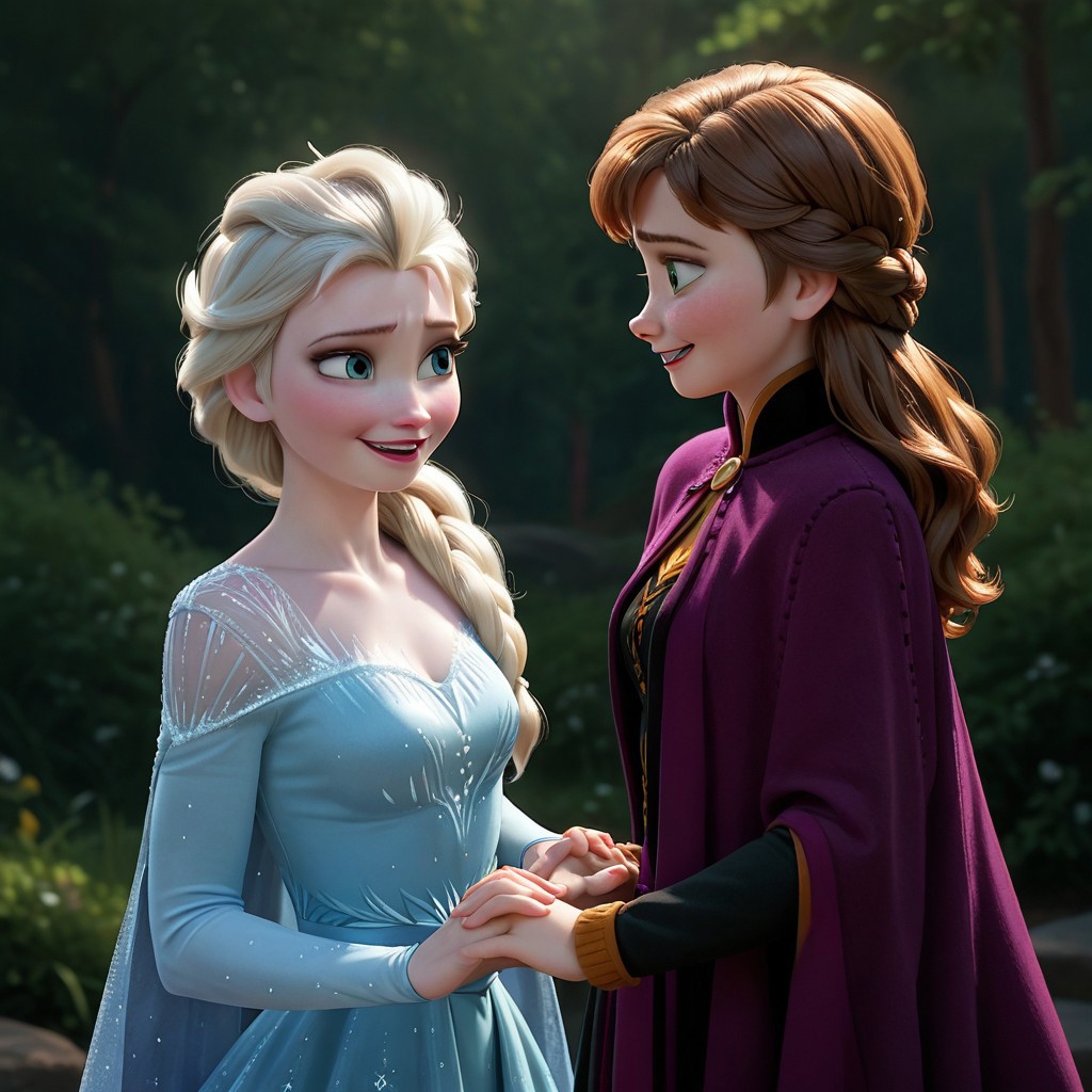 score_9, score_8_up, score_7_up, score_6_up, score_5_up, score_4_up, rating_questionable, 2girls, AnnaElsa, sisters, holding hands, happy