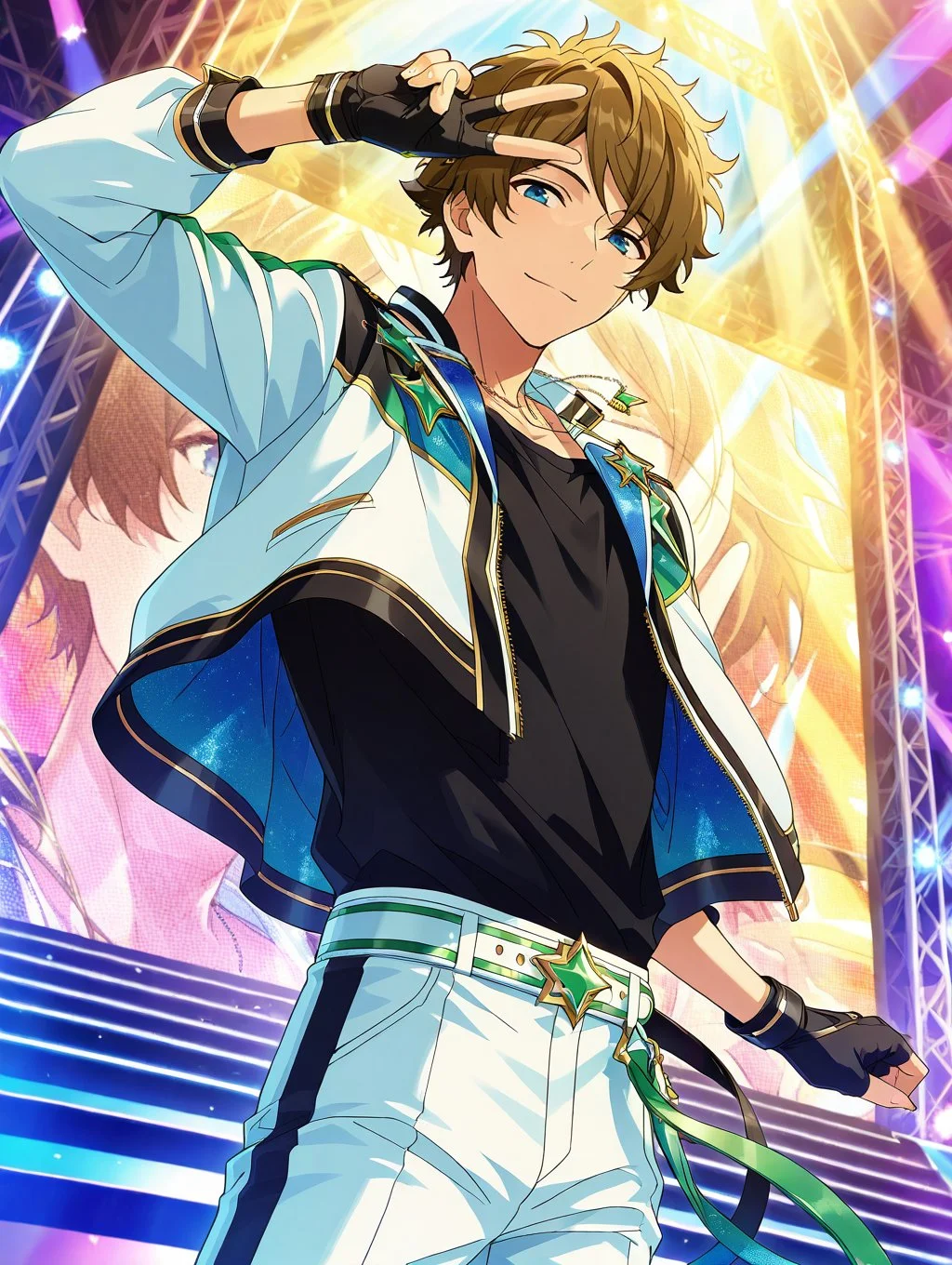 anime screencap, uncensored, intricately detailed illustration, masterpiece, best quality, amazing quality, very aesthetic, absurdres, newest, subsurface scattering, realistic shading, day, natural lighting, male focus, TakaMidoES, brown hair, blue eyes, 1boy, solo, cowboy shot, v, v over eyes, light smile, idol clothes, necklace, multicolored jacket, open jacket, shirt, black shirt, fingerless gloves, black gloves, pants, white pants, belt, from below, dutch angle, dynamic angle, stage, spotlight