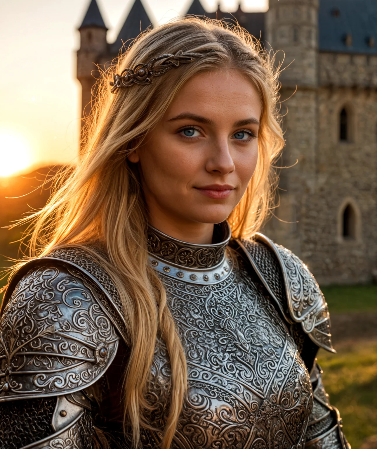 cinematic photo award-winning photo of a beautiful (masterpiece), (extremely intricate:1.3), (realistic), portrait of a girl, the most beautiful blonde girl in the world, (blue eyes), smiling at the camera (super intricately carved medieval armor), metal reflections, upper body, outdoors, intense sunlight, far away castle, professional photograph of a stunning woman detailed, sharp focus, dramatic, award winning, cinematic lighting, , volumetrics dtx, (film grain, blurry background, blurry foreground, bokeh, depth of field, sunset, motion blur:1.3), chainmail,.4k, 8k, highly detailed, cinematic, 8k, dramatic lighting, high detail, highly detailed, hyper realistic, intricate, intricate sharp details, 35mm photograph, film, bokeh, professional, 4k, highly detailed. 35mm photograph, film, bokeh, professional, 4k, highly detailed