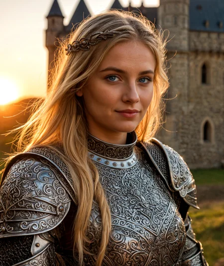 cinematic photo award-winning photo of a beautiful (masterpiece), (extremely intricate:1.3), (realistic), portrait of a girl, the most beautiful blonde girl in the world, (blue eyes), smiling at the camera (super intricately carved medieval armor), metal reflections, upper body, outdoors, intense sunlight, far away castle, professional photograph of a stunning woman detailed, sharp focus, dramatic, award winning, cinematic lighting, , volumetrics dtx, (film grain, blurry background, blurry foreground, bokeh, depth of field, sunset, motion blur:1.3), chainmail,.4k, 8k, highly detailed, cinematic, 8k, dramatic lighting, high detail, highly detailed, hyper realistic, intricate, intricate sharp details, 35mm photograph, film, bokeh, professional, 4k, highly detailed. 35mm photograph, film, bokeh, professional, 4k, highly detailed