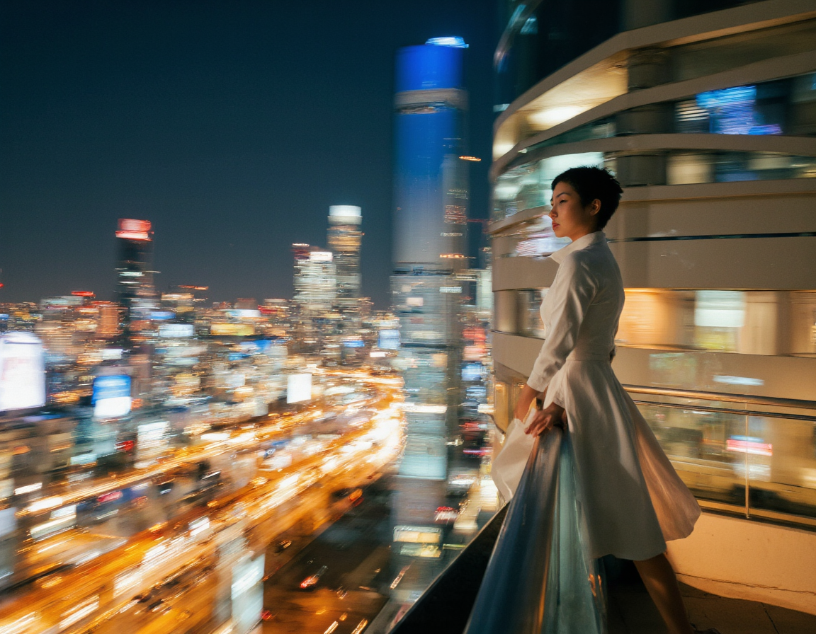  <lora:{blur, }Blur-000018:0.85> blur, A mesmerizing, 8K-resolution, long-exposure artistic photograph capturing the vibrant essence of a bustling cityscape at dusk, with a young Asian woman, having porcelain-like skin, short spiky black hair, and expressive brown eyes, standing at the edge of a sleek, modern skyscraper's rooftop, overlooking the dazzling urban jungle below. She wears a fitted, high-collared, long-sleeved white dress that flows gently in the evening breeze, and her slender figure is silhouetted against the kaleidoscope of colors emanating from the city lights, her facial expression a mix of serene contemplation and subtle curiosity. The long exposure has transformed the moving cars and pedestrians into streaks of light, creating a dynamic, abstract pattern that contrasts with the static, futuristic architecture, while the sky above is a deep shade of blue, gradually transitioning into a warm, golden hue, with the stars beginning to twinkle like diamonds scattered across the fabric of the universe. The lighting is a harmonious blend of warm and cool tones, with the golden hour casting a magical glow on the scene, and the city lights providing a mesmerizing display of colors and textures, casting a cinematic mood over the entire image. The rooftop's smooth, metallic surface reflects the light, adding to the overall sense of depth and dimensionality, and in the distance, the outlines of other skyscrapers and buildings are visible, their peaks hiding in the misty veil of the evening atmosphere. The shot is a wide-angle, cinematic shot, capturing the vastness of the cityscape, with a shallow depth of field, focusing sharply on the woman, while the background is softly blurred, creating a sense of depth and dimensionality, and the overall texture is hyper-detailed, with a slight film grain, adding a touch of realism and authenticity to the image, and a hint of lens flare, subtly enhancing the colors and contrasts of the scene. The image features a symmetrical composition, with the woman positioned at the center, and the cityscape unfolding around her, creating a sense of balance and harmony, and the long exposure has added a sense of dynamism and energy to the image, capturing the essence of the city's pulsing rhythm, and the artistic style is a blend of photorealistic and painterly elements, with bold brushstrokes and vivid colors, creating a unique and captivating visual experience. . 35mm photograph, film, bokeh, professional, 4k, highly detailed