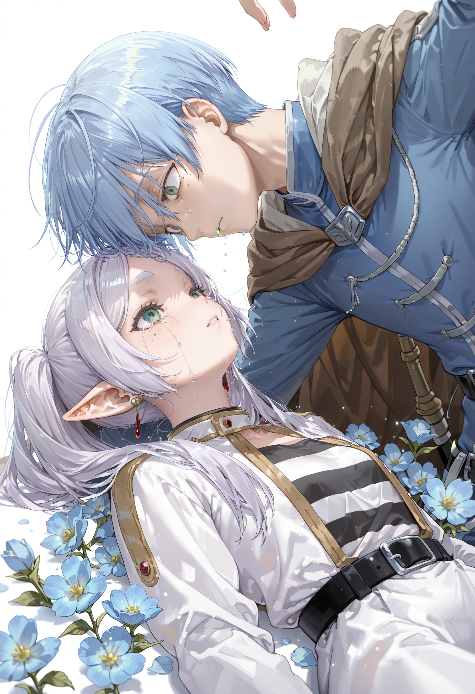 masterpiece,best quality,amazing quality,
frieren\(sousou_no_frieren), himmel\(sousou_no_frieren), absurdres, highres, 1boy, 1girl, arm_up, belt, black_belt, blue_flower, blue_hair, blue_jacket, brown_cape, cape, crying, crying_with_eyes_open, elf, eye_contact, flower, green_eyes, jacket, leaning_back, looking_at_another, looking_up, mole, mole_under_eye, pointy_ears, red_lips, shirt, short_hair, simple_background, straight_hair, streaming_tears, striped_clothes, striped_shirt, tears, white_background, white_hair, white_jacket
 <lora:frengXLillokrV5311P:0.7> <lora:Mika:0.8> <lora:Earthbound_-_Pottsness_Artist_Style_-_IllustriousXL:0.2> <lora:Aura_r1:0.75> <lora:Bio-Luminescence:0.75>
