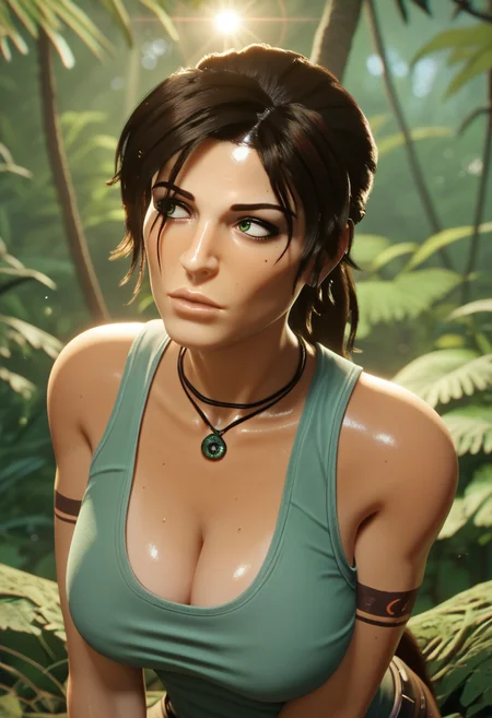 score_9, score_8_up, score_7_up, score_6_up, BREAK <lora:radroachhd-guy-PONYv1:1>, 1girl, solo, lara croft, portrait, tank top, jungle, depth of field, cleavage, shiny skin, necklace, lens flare, looking to the side,