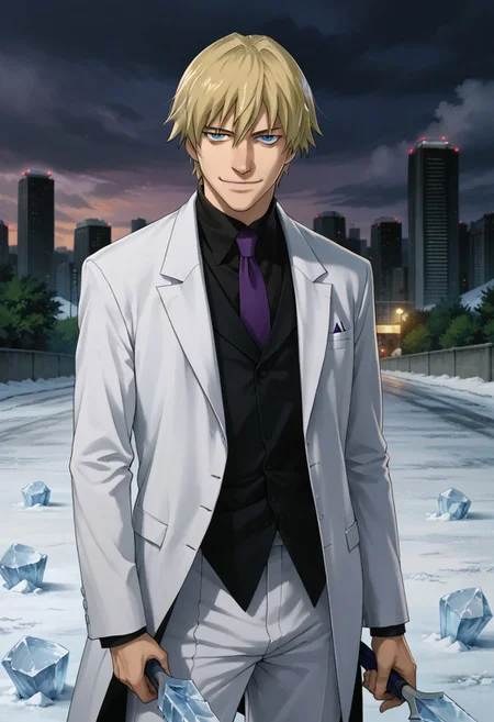 source_anime, D4RK3RTH4NBL4CK, DTB_Style, (XXX Rating), ((score_9)),score_8_up,score_7_up,score_6_up,score_5_up,score_4_up, retro_artstyle, anime style, 1boy, adult male,solo, solo focus, (november_11_(darker_than_black):1.3), suit, necktie, blonde hair, blue eyes, (long_sleeves, white pants, white suit), (smile), holding weapon, ice_spike, ice, frost, icy, looking at viewer, facing viewer, smirk, masterpiece, best quality, highres, best illumination, depth of field, Artist style:komori_takahiro, public indecency, urban, cloudy, night, cityscape background, outdoors,