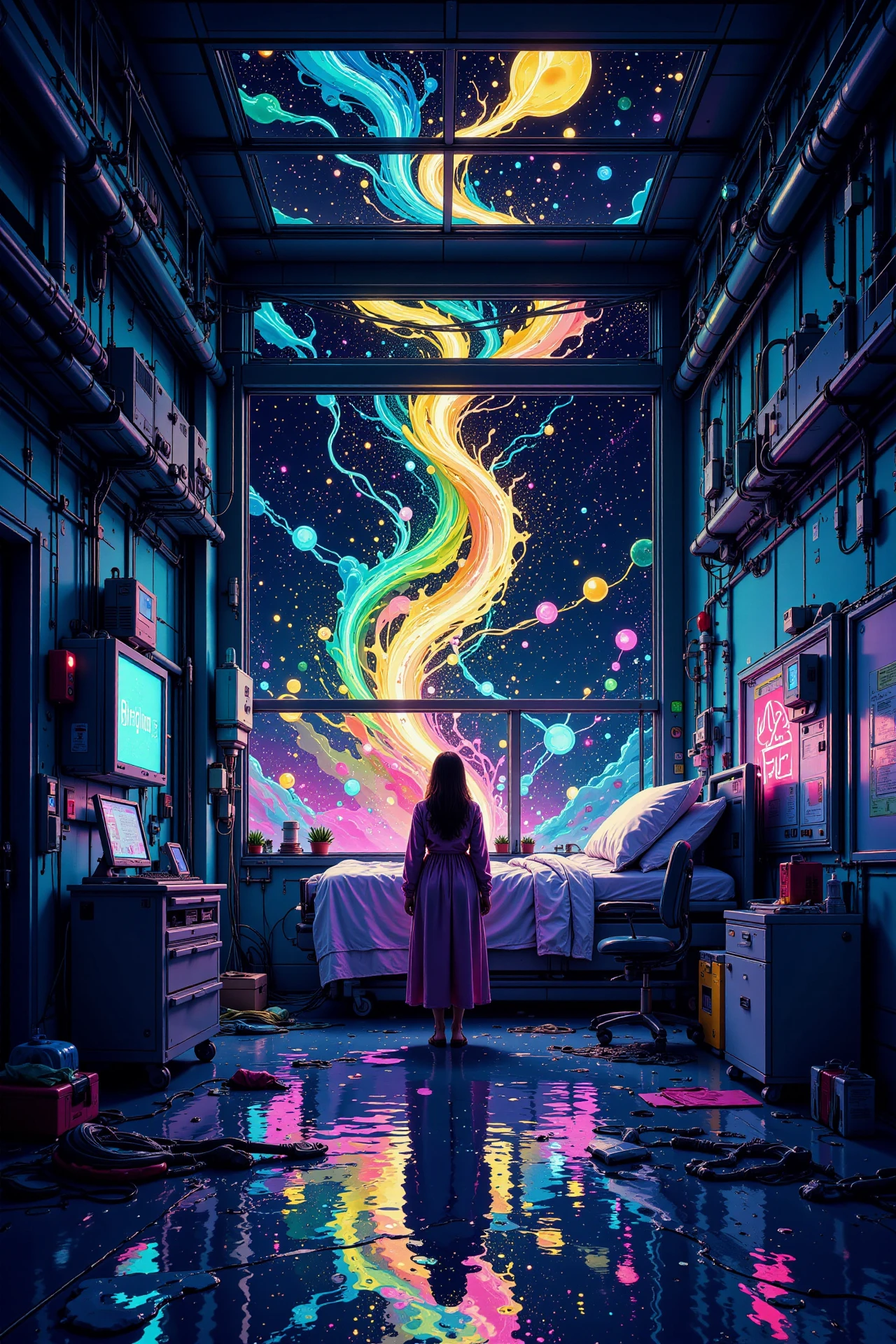 an hospital room, bright luminous starry night, woman, very intricate, very detailed, sharp, bright, colorful, <lora:Hand v2:0.5> <lora:Anti-Blur:1><lora:Insane Detail Slider:0.25>  <lora:flux.1_lora_flyway_Epic-detail_v2:0.3> <lora:fluxenhancer:0.25> <lora:ck-Neon-Retrowave:0.4> ck-rw, in the style of ck-rw,  <lora:Neurocore Anime Cyberpunk:0.8> A digital artwork in the style of cknc