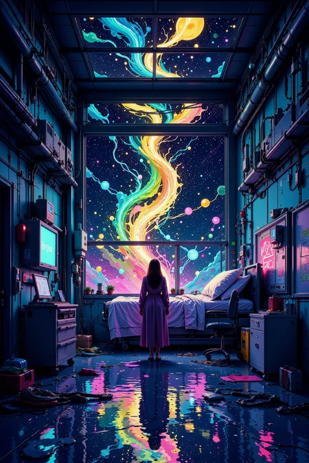 an hospital room, bright luminous starry night, woman, very intricate, very detailed, sharp, bright, colorful, <lora:Hand v2:0.5> <lora:Anti-Blur:1><lora:Insane Detail Slider:0.25>  <lora:flux.1_lora_flyway_Epic-detail_v2:0.3> <lora:fluxenhancer:0.25> <lora:ck-Neon-Retrowave:0.4> ck-rw, in the style of ck-rw,  <lora:Neurocore Anime Cyberpunk:0.8> A digital artwork in the style of cknc