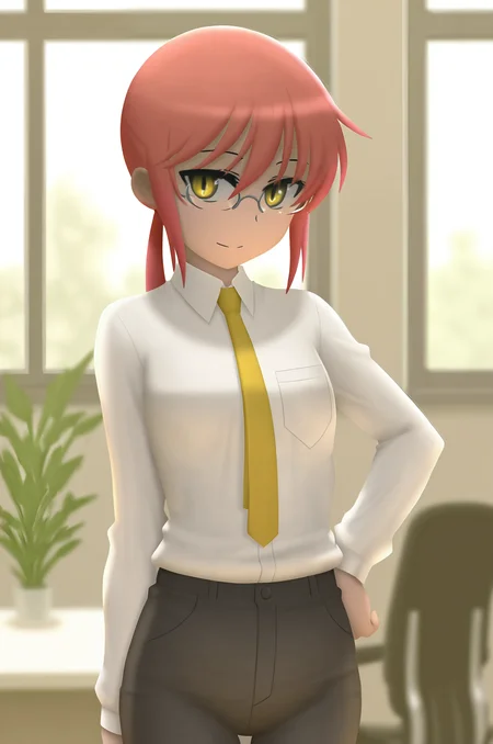 (masterpiece), (best quality), (intricate details, very aesthetic), absurdres, highres, 1girl,  <lora:siraha_style-Illustrious:1> siraha_style, kobayashi \(maidragon\), red hair, ponytail, long hair, sidelocks, yellow eyes, semi-rimless eyewear, white shirt, collared shirt, yellow necktie, black pants, hand hand on own hip, office, desk, chair, plant, window, day, looking at viewer, light smile, cinematic light,