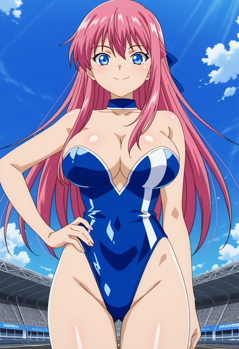 finetuneanime,anime screencap, official art, detailed anime, ultra detailed anime art, anime screencap, screencap, score 9, score 8 up, score 7 up, masterpiece, anime coloring, source anime,
BREAK
MionBase, 1girl, blue eyes, solo, pink hair, long hair, large breasts, curvy, fair skin, shiny skin, smoothy skin, fair skin, fair skin, NEGATIVE_HANDS, 
BREAK
race queen, blue and white leotard, highleg leotard, 
BREAK
cars, sexy pose, standing, 1hand on hip, smile, day, detailed background,