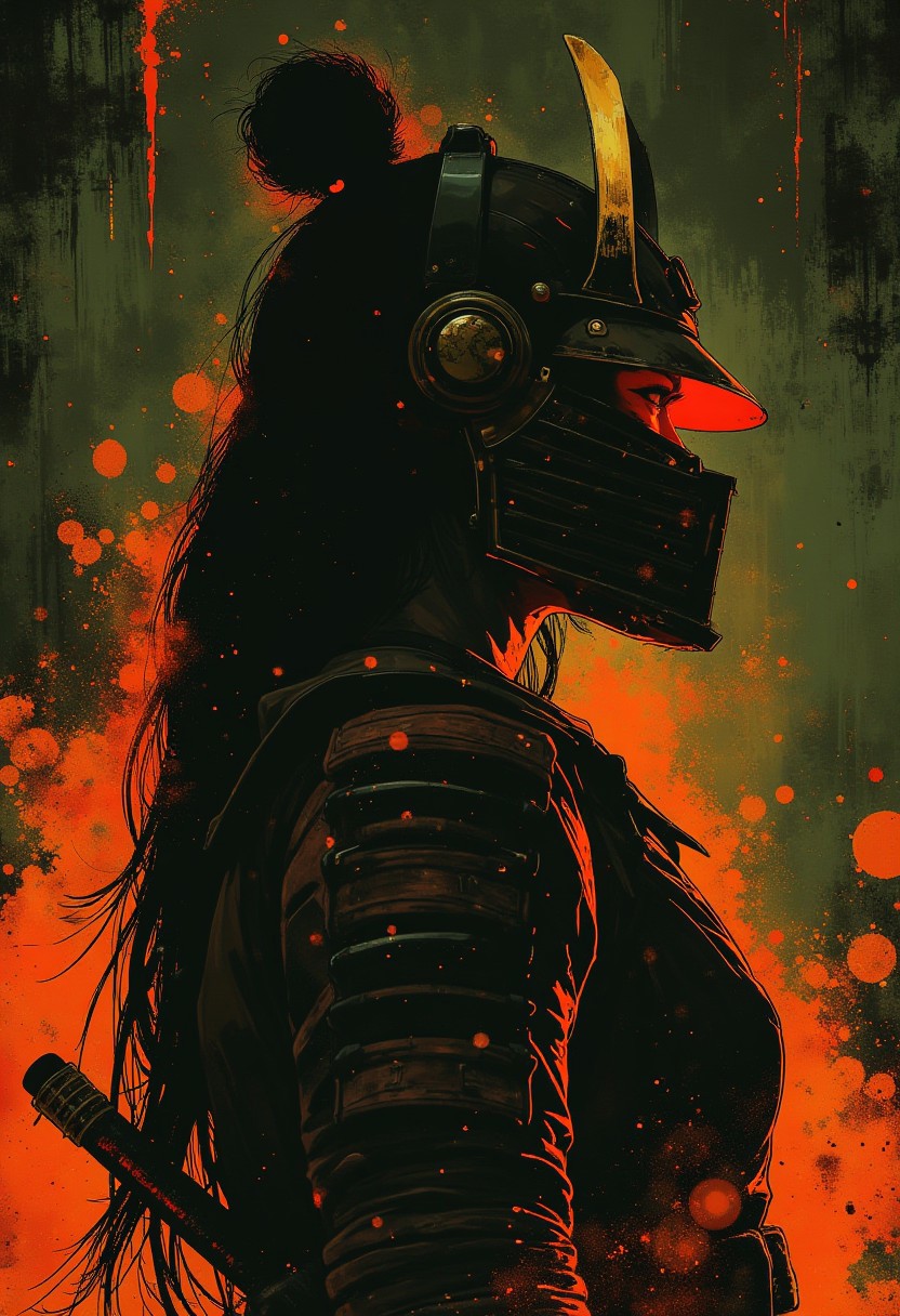 Silhouette Art, breathtaking detailed, masterpiece, awe-inspiring, radiant, magnificent. (all dark hues and fine vibrant orange glowing smoldering accent and shiny silver color scheme:1.02). glossy. stunning oriental woman, long hair, samurai helmet, red leather samurai armour