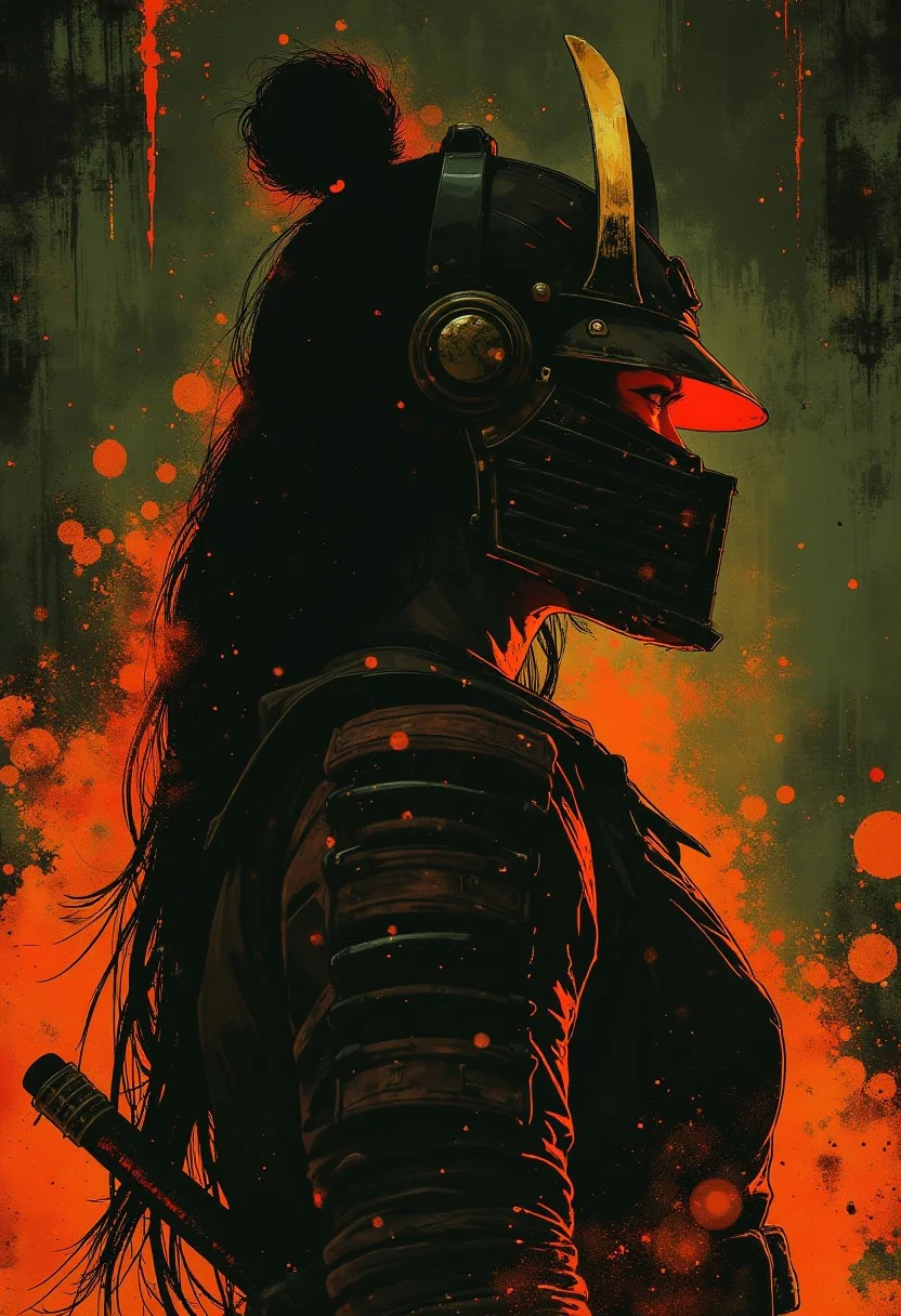 Silhouette Art, breathtaking detailed, masterpiece, awe-inspiring, radiant, magnificent. (all dark hues and fine vibrant orange glowing smoldering accent and shiny silver color scheme:1.02). glossy. stunning oriental woman, long hair, samurai helmet, red leather samurai armour