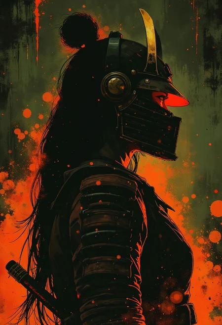 Silhouette Art, breathtaking detailed, masterpiece, awe-inspiring, radiant, magnificent. (all dark hues and fine vibrant orange glowing smoldering accent and shiny silver color scheme:1.02). glossy. stunning oriental woman, long hair, samurai helmet, red leather samurai armour