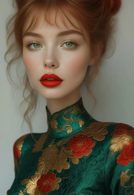 bellissima, 30 years old female as goddess of fire (slender, athletic), skin tight Green-red intricate brocade gown with a deep cleavage, golden bangles,loose golden anklets, (high heels), looking at viewer, parted lips, blue eyes, ginger long bun hair, perfect white teeth, vibrant deep red lipstick, long black eyelashes, realistic, small nose, vibrant colors, erotic dynamic pose, full body view, RAW Photo, fashion magazine shot,