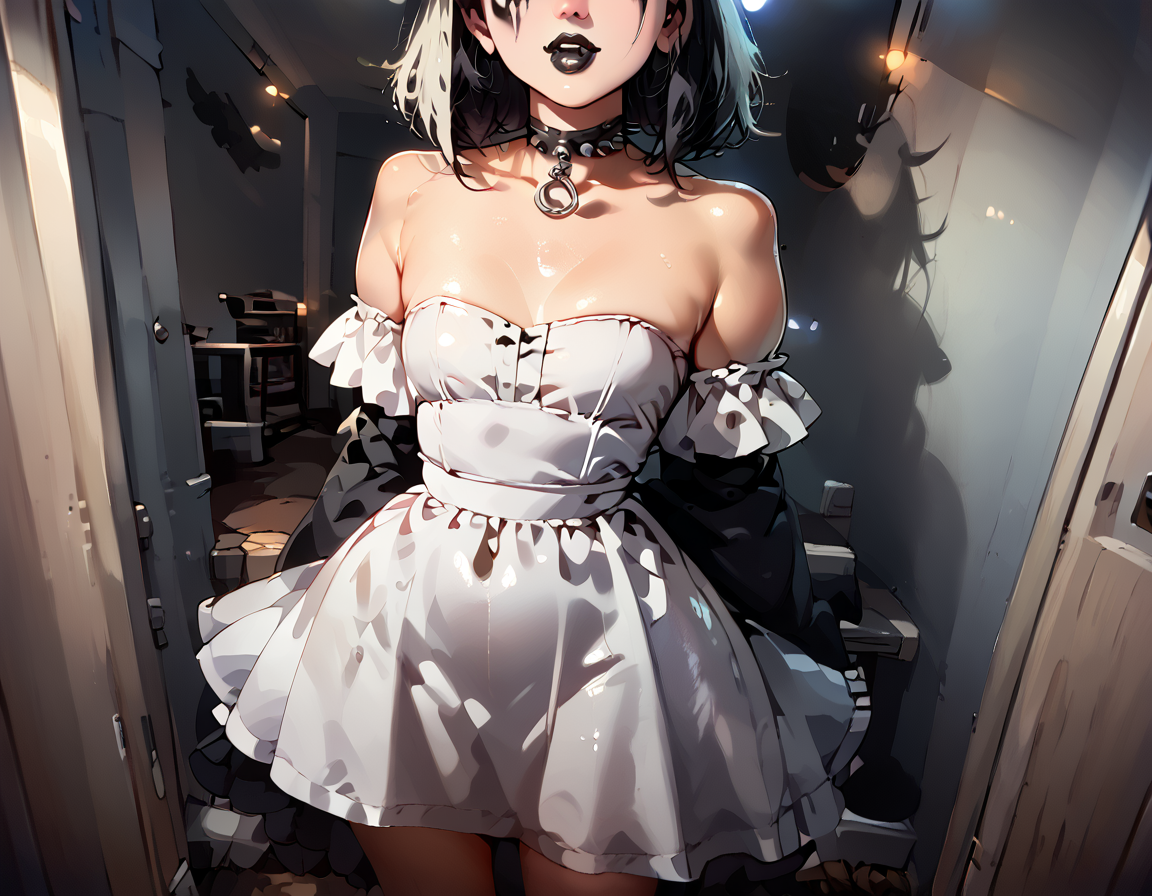 (score_9,score_8_up,score_7_up:1), 1girl, full body, high angle view from behind, horror, Night time lighting, ambient lighting, excited, (goth, (black lipstick, black mascara, black eyeshadow)), (flat tummy, close shoulders), inky oozing hair color, shoulder length hair, choker, eyeshadow)), (albino oiled skin), pawg, wide hips, milf, <lora:butt:1>, (leaning against and looking outward), eastern European restaurant, (<lora:goth_clothes:1>, vampire dress, black details, red lining), <lora:CatalystStylePDXL:1> zzCitronCAT, , abstract background, , white outline
