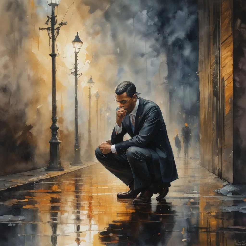 Charcoal and paint, impressionistic bidimensional biracial detective, crouched by a puddle, inspecting a crime scene.  watercolor (leonid afremov:1.2) dadaistic collage (by Bill Sienkiewicz:1.5), dynamic contrasts, spotlight effect, alcohol and gold leaf highlights. Very detailed.