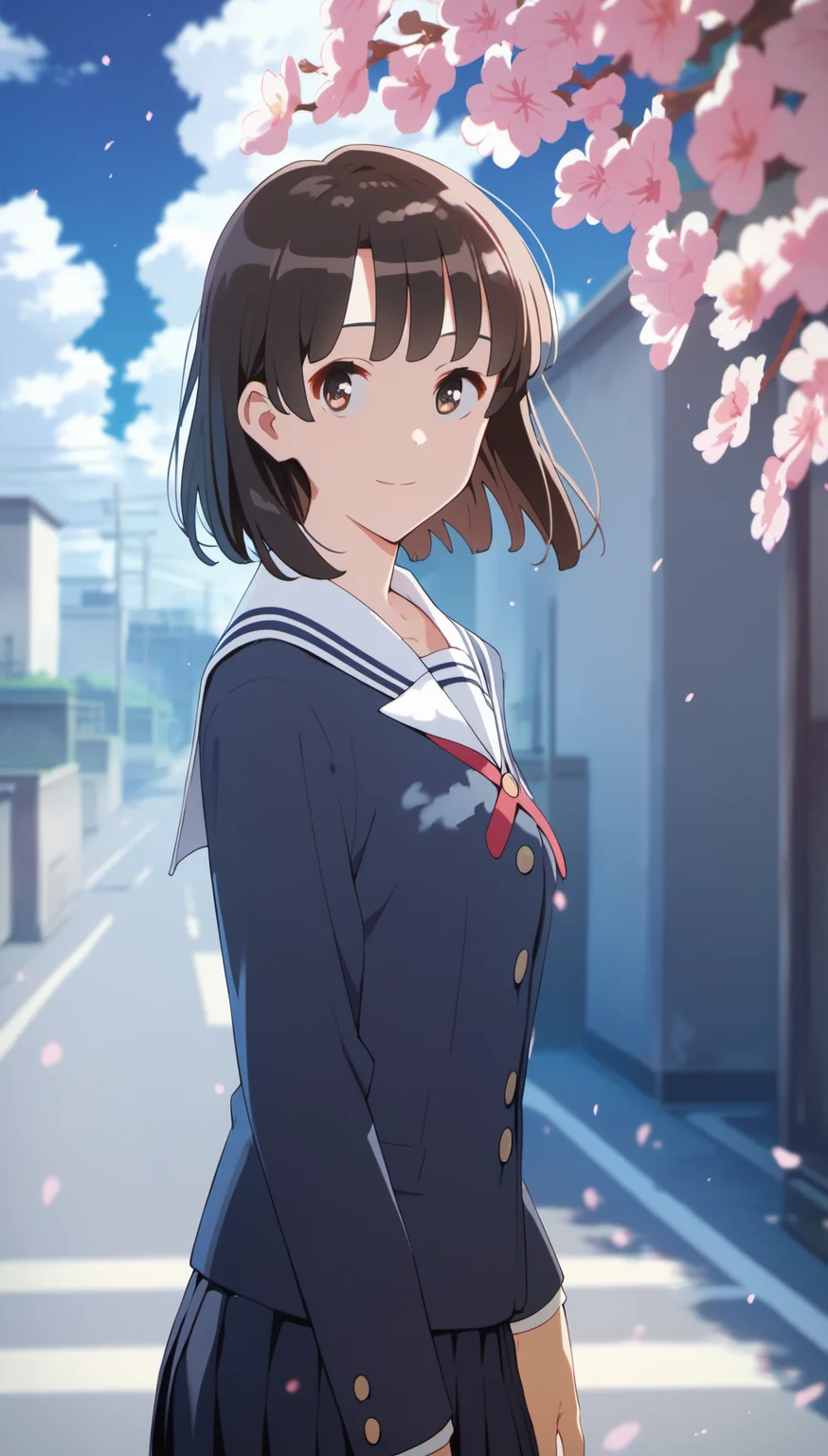 score_9,score_8_up,score_7_up,
<lora:megumikato:0.9>,
katomegumi,
1girl,solo,black hair,bangs,short hair,brown eyes,looking at viewer,smile,
blue school uniform,long sleeves,pleated skirt,
portrait,
blurry background,outdoors,bloom,blue sky,cloud,light particles,lens flare,cherry blossoms,street,