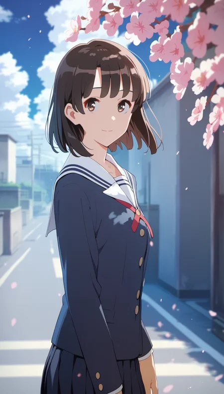 score_9,score_8_up,score_7_up,
<lora:megumikato:0.9>,
katomegumi,
1girl,solo,black hair,bangs,short hair,brown eyes,looking at viewer,smile,
blue school uniform,long sleeves,pleated skirt,
portrait,
blurry background,outdoors,bloom,blue sky,cloud,light particles,lens flare,cherry blossoms,street,