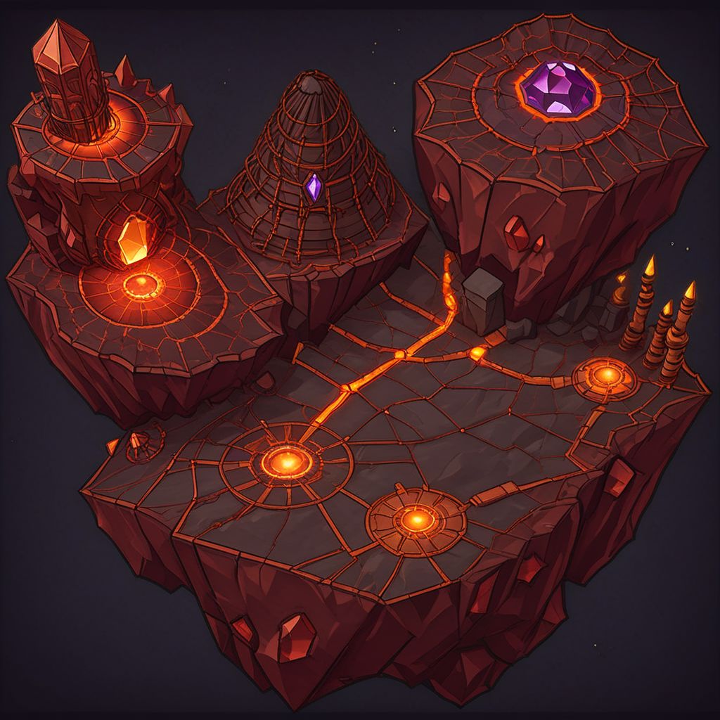 1 island, darkblack to to darkred, (lava:2.6) rock, cliff, lava strains, cracks, broken columns, tectonic fault, (ruins:0.5), lavascape, plain darkgray to gray background, mecha rusty parts around map, (((thick outlines:2.2))), (magic gemstone glowing darkred to copper:1.8), broken pillars arcs, (copper wires:1.8)