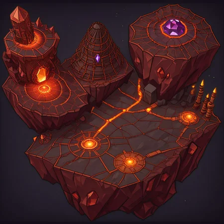 1 island, darkblack to to darkred, (lava:2.6) rock, cliff, lava strains, cracks, broken columns, tectonic fault, (ruins:0.5), lavascape, plain darkgray to gray background, mecha rusty parts around map, (((thick outlines:2.2))), (magic gemstone glowing darkred to copper:1.8), broken pillars arcs, (copper wires:1.8)