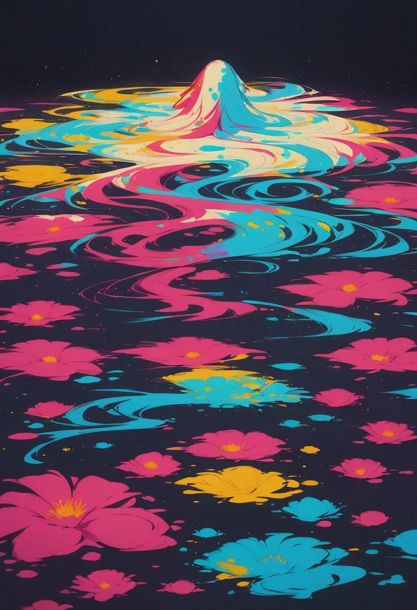 score_9, score_8_up, sketch, ass focus, back, very long hair, flowers, paint splatter, colorful, abstract, dark background; liquid, particles, lying, on stomach <lora:NoctAbstract:1>, very pretty, beautiful, masterpiece, stunning,