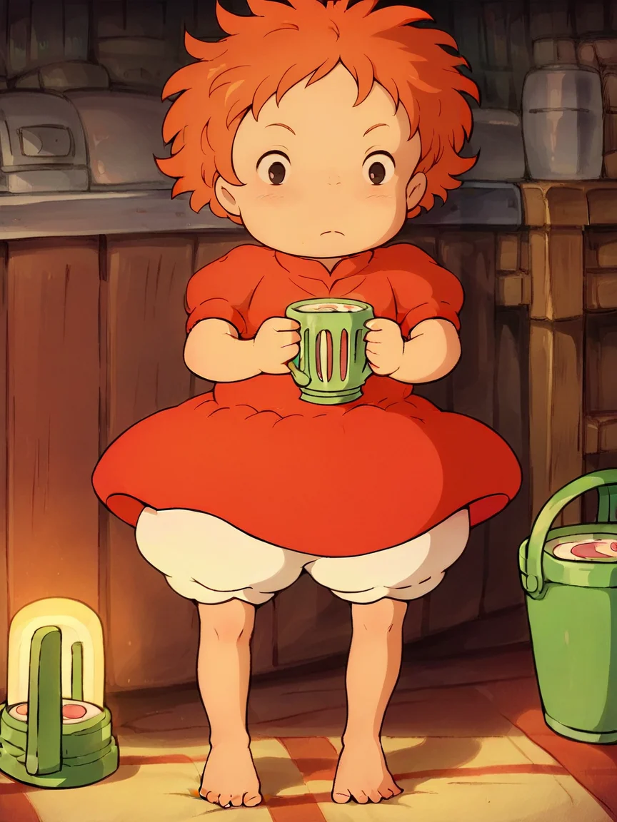 score_9, score_8_up, score_7_up, score_6_up, score_5_up, <lora:PonyoXLP:1> ponyo, 1girl, short hair, dress, solo, barefoot, orange hair, black eyes, child, red dress, bloomers, soup,