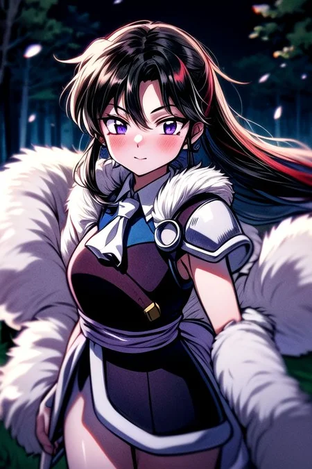 masterpiece, best quality 1girl Setsun4 solo long hair, (night time) forest background black hair very long hair purple eyes multicolored hair armor (fur trim) (medium body),<lora:EMS-179-EMS:0.800000>,<lora:EMS-293862-EMS:0.800000> bow, hair_bow, hair_tubes, red_bow, brown_hair, long_hair, bangs, ascot, frilled_bow, yellow_ascot, blush, smile, hair_between_eyes, athletic, armor, miko