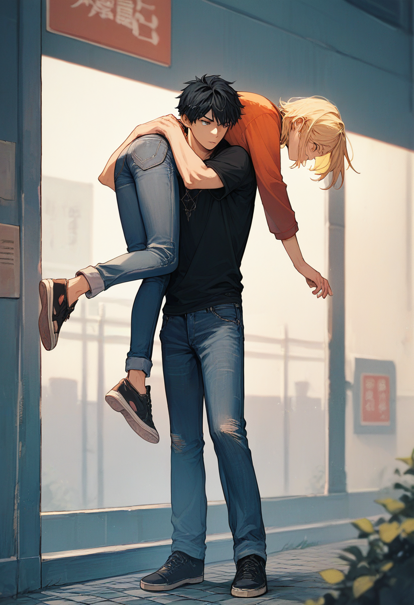 score_9, score_8_up, score_7_up, score_6_up, source_anime, carrying, 1boy, 1girl, blonde hair, black hair, 
full body, jeans,
<lora:carrying_over_shoulder_v0.4-pony:1>