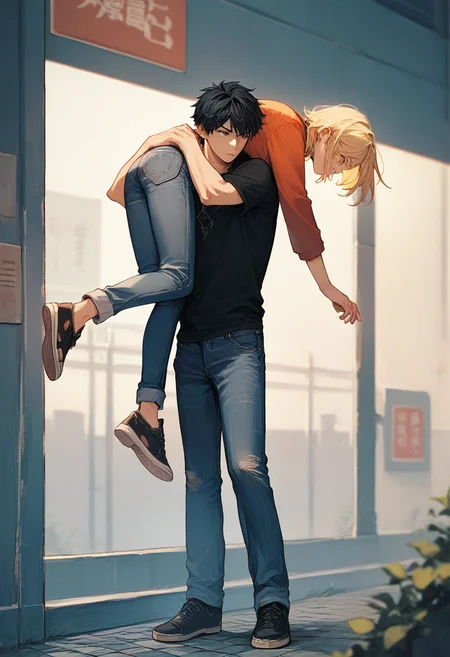 score_9, score_8_up, score_7_up, score_6_up, source_anime, carrying, 1boy, 1girl, blonde hair, black hair,
full body, jeans,
<lora:carrying_over_shoulder_v0.4-pony:1>