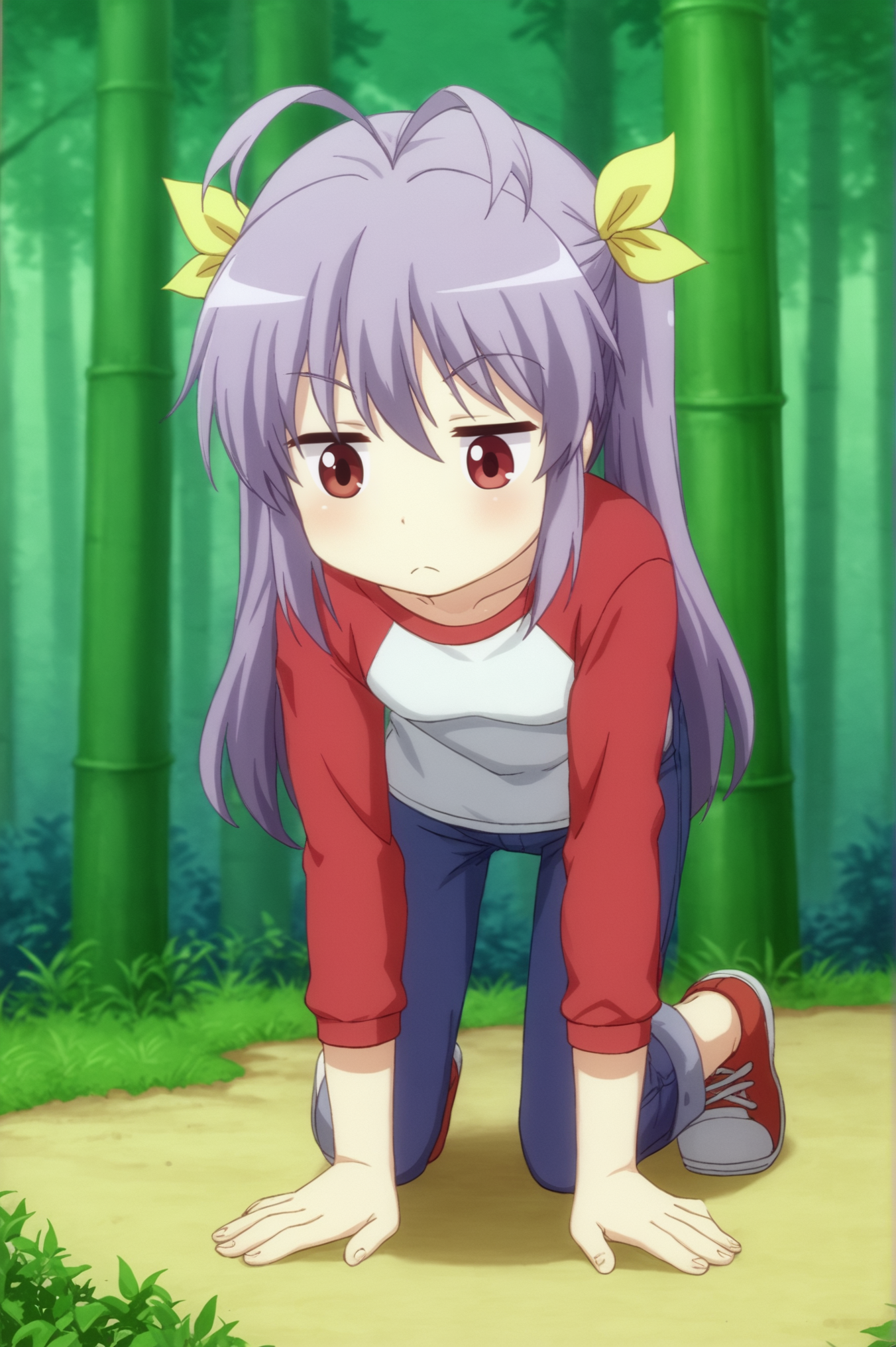 <lora:Renge_Miyauchi:0.7>, Renge Miyauchi, 1girl, solo, shirt, long_sleeves, ribbon, closed_mouth, outdoors, shoes, pants, day, frown, looking_down, all_fours, nature, :<, forest, raglan_sleeves, bamboo, bamboo_forest <lora:sdxl_lightning_4step_lora:1>