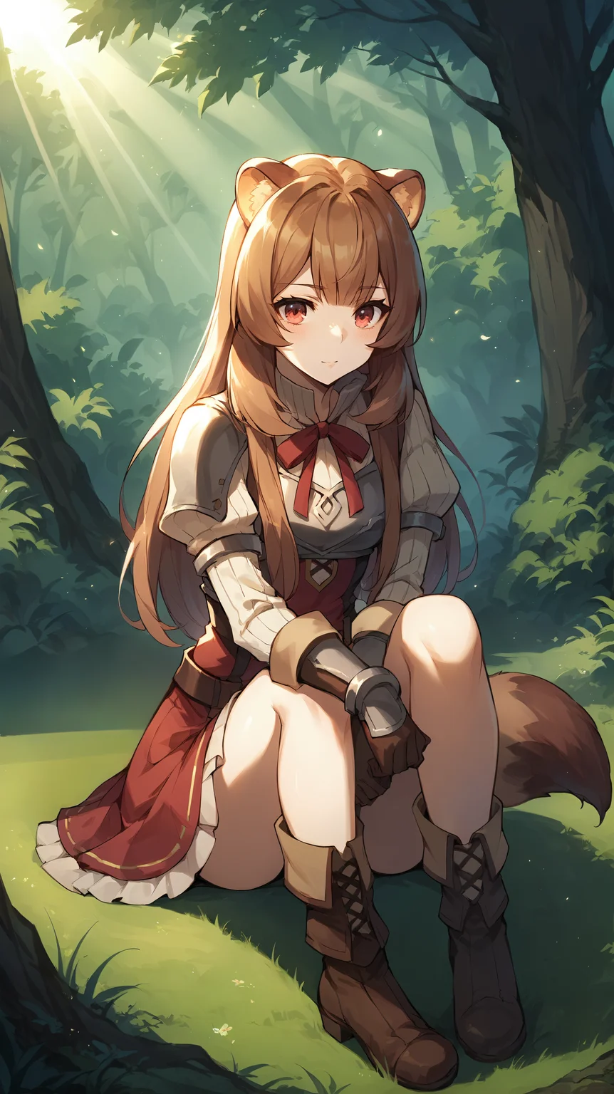 score_9,score_8_up,score_7_up,score_6_up, source_anime, zPDXL, <lora:xl_more_art-full_v1:0.5>, girl, raccoon girl, raccoon ears, animal ears, long hair, brown hair, bangs, red eyes, red kimono, white top, white sleeves, <lora:Raphtalia - Pony-000004:0.8>, stretching, bamboo forest, bridge, arched bridge, river,