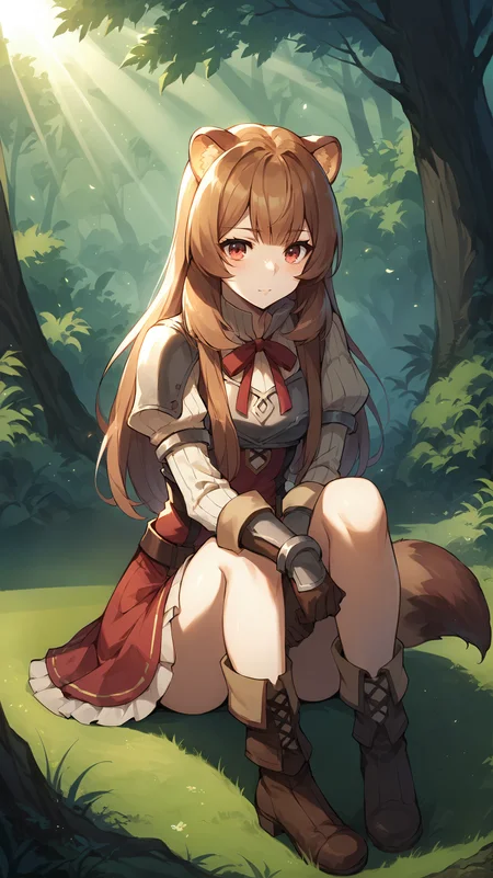score_9,score_8_up,score_7_up,score_6_up, source_anime, zPDXL, <lora:xl_more_art-full_v1:0.5>, girl, raccoon girl, raccoon ears, animal ears, long hair, brown hair, bangs, red eyes, red kimono, white top, white sleeves, <lora:Raphtalia - Pony-000004:0.8>, stretching, bamboo forest, bridge, arched bridge, river,