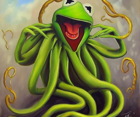 ASCIIA painting of Cthulhu as kermit the frog, very detailed, clean, high quality, sharp image, based on H.P Lovecraft stories