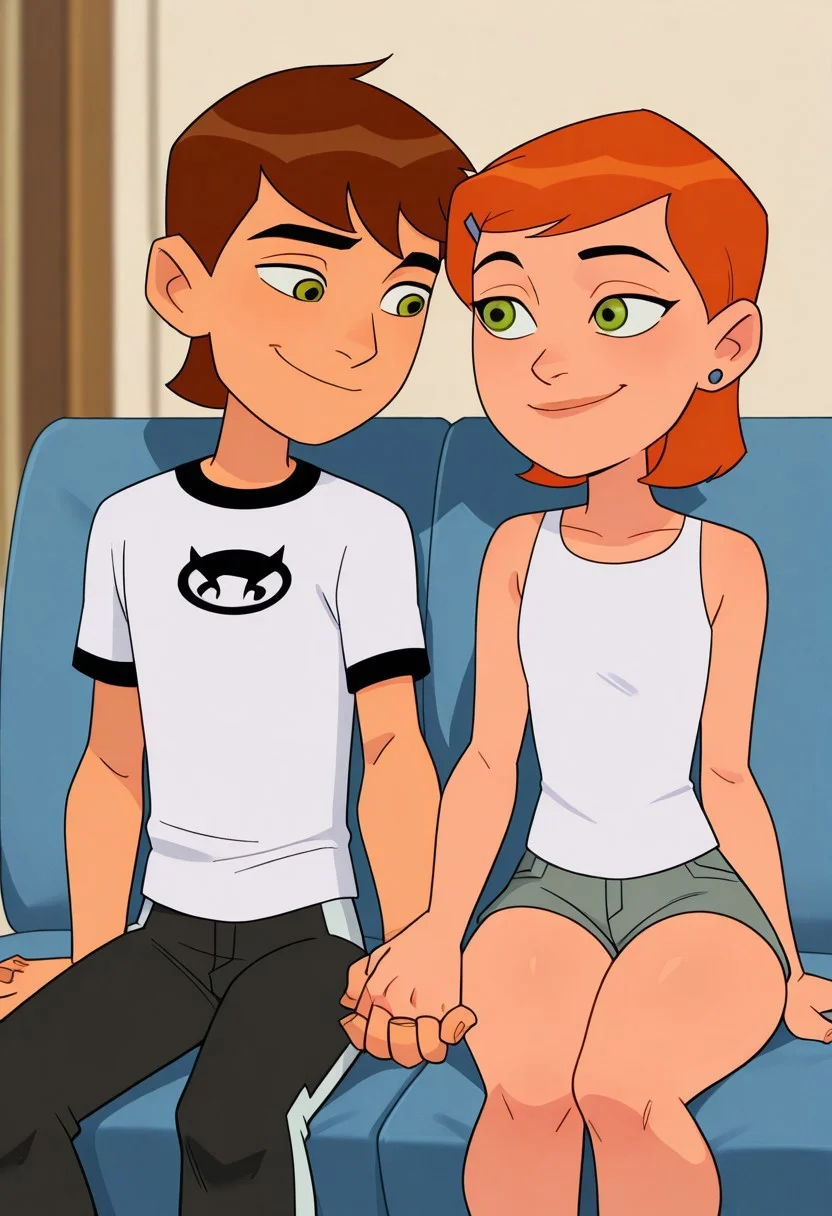 highres, hi res, best quality, masterpiece, intricate details, absurdres, 4k,, anime screencap, anime coloring, masterpiece, best quality,depth of field, 1girl, gwen tennyson, /(ben10)/, short hair, (small breasts:1.5), Orange hair, green eyes, clothed, smiling, short height, shortstack, cute, adorable, sitting next to Ben, BREAK,
1boy, skinny, shortstack, short height, ben tennyson /(ben10/), green eyes, short brown hair, clothed, skinny, smiling, sitting next to Gwen,
(couple, boy and girl:1.3) sitting next to eachother,
front view, detailed background, (mobile home background) ,BREAK score_9, score_8_up, score_7_up, highly detailed, highly detailed skin texture, finely detailed hair BREAK (holding hands:1.8), (couple in love)