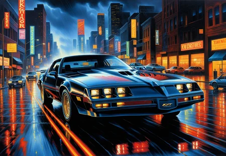 Expressioniam, Oil Painting, Surrealism, Dramatic, Incredibly Detailed Accurate Portrait Of a 1983 Pontiac Trans Am sports car speeding down a deserted, rain-soaked street, surrounded by vibrant city lights and ominous thunderous clouds, evoking a sense of high-tech energy and dynamic movement, Knight Rider, KITT, Knight Industries Two Thousand