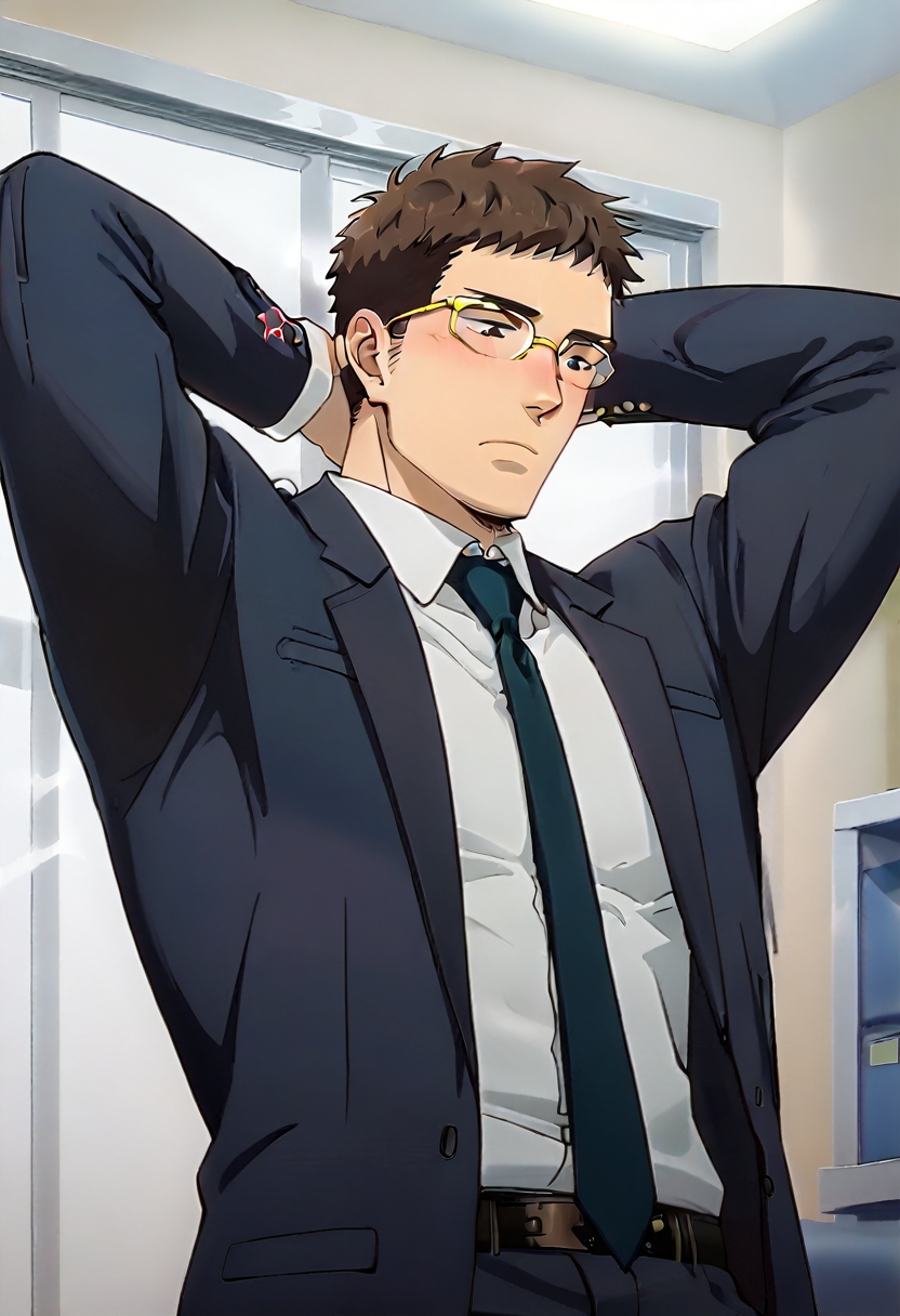 (score_9, score_8_up, score_7_up), ((source anime, best quality, best aesthetic, perfect anatomy, Gold Ratio, Art Composition, zPDXLxxx)), 1boy, doumeki, male_focus, handsome detailed face, black eyes, collared shirt, blazer, necktie, solo, modern office, portrait, (((Kubrick Stare, High-contrast light, looking down, looking over glasses, Cuddling, arms behind head))), <lora:aesthetic_anime_v1s:1>, <lora:Smooth Anime 2 Style SDXL_LoRA_Pony Diffusion V6 XL:1>, <lora:Doumeki:0.8>