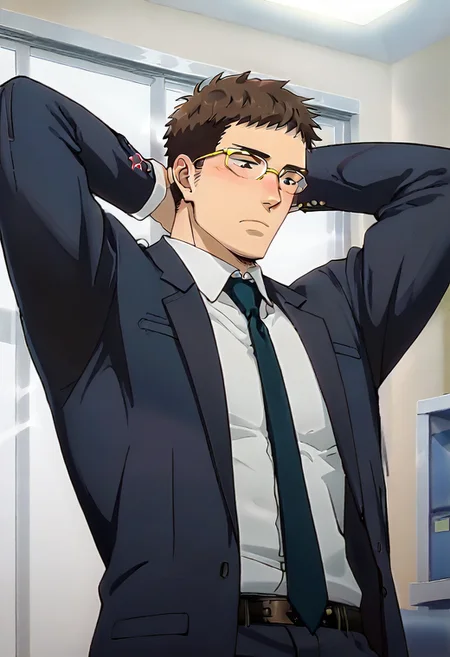 (score_9, score_8_up, score_7_up), ((source anime, best quality, best aesthetic, perfect anatomy, Gold Ratio, Art Composition, zPDXLxxx)), 1boy, doumeki, male_focus, handsome detailed face, black eyes, collared shirt, blazer, necktie, solo, modern office, portrait, (((Kubrick Stare, High-contrast light, looking down, looking over glasses, Cuddling, arms behind head))), <lora:aesthetic_anime_v1s:1>, <lora:Smooth Anime 2 Style SDXL_LoRA_Pony Diffusion V6 XL:1>, <lora:Doumeki:0.8>