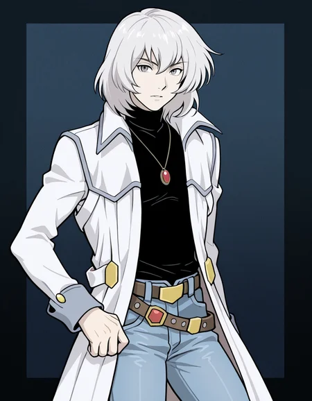 1boy, male focus, jewelry, belt, coat, denim, pants, jeans, necklace, turtleneck, white hair, grey eyes, pendant, soma cruz <lora:Soma_Cruz_Castlevania_Aria_of_SorrowIllustrious:1>