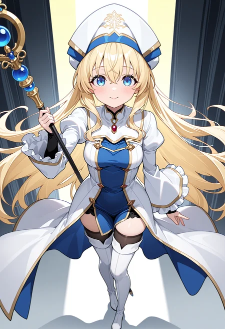 masterpiece, best quality, high resolution, source_anime, highly detailed illustration, detailed eyes,
very aesthetic, absurdres, newest, amazing quality,
1girl, solo,
<lora:shiPriestessV1ill:1>, shigoblitessrng, long hair, very long hair, blonde hair, hair between eyes, white headwear, cleric headdress, blue eyes,
long sleeves, wide sleeves, puffy sleeves, frilled sleeves, juliet sleeves, white dress, frills, medium breasts, holding staff,
white thighhighs, thigh boots, white footwear, full body,
looking at viewer, smile,