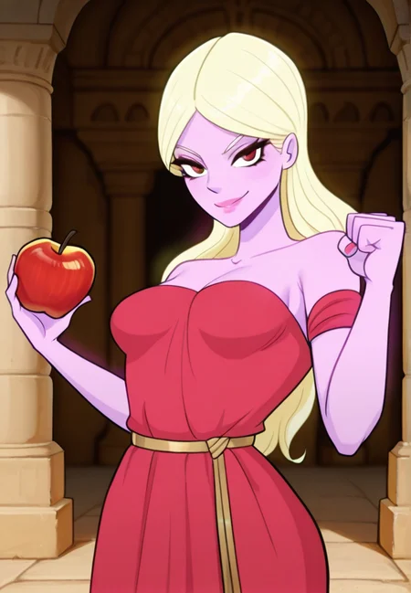 masterpiece, best quality, amazing quality, very aesthetic, absurdres, newest,
afrodita, 1girl, food, fruit, blonde hair, solo, long hair, apple, smile, dress, breasts, purple skin, colored skin, red dress, holding, holding food, medium breasts, holding fruit, strapless, pink skin, bare shoulders, strapless dress, upper body, clenched hand, looking at viewer, clenched hands, makeup, greek temple, dancing,
<lora:Afrodita:1>