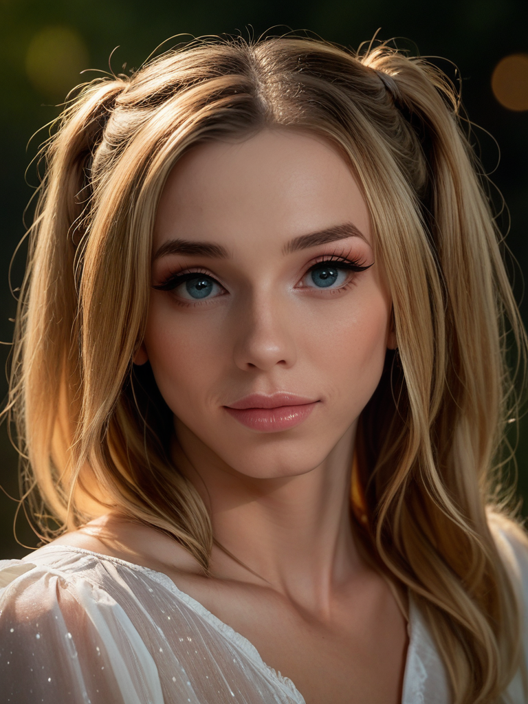 score_9, score_8_up, score_7_up,  LilyDemure33, Lily Demure, <lora:LilyDemure33-pony:1>,  1girl, makeup, lips, blonde hair, long hair, twin tails, white blouse, portrait, solo, looking at viewer, bokeh, focus, film, velvia, artistic, best quality, photograph, focus