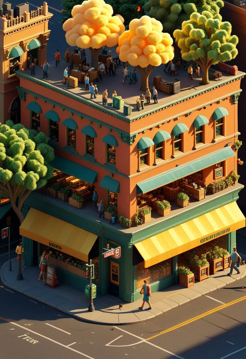 ispzxll, diorama, isometric, miniature, vintage busy street corner scene, golden hour, long shadows, volumetric lighting style, pedestrian crowds, electronics stores, parked cars, traffic light, storefronts, taxi cab, trash can, massive trees, epic architecture, intricate details, potted plants, ultra-detailed, 8k, fluffy clouds