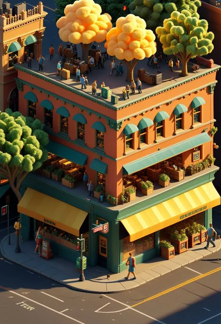 ispzxll, diorama, isometric, miniature, vintage busy street corner scene, golden hour, long shadows, volumetric lighting style, pedestrian crowds, electronics stores, parked cars, traffic light, storefronts, taxi cab, trash can, massive trees, epic architecture, intricate details, potted plants, ultra-detailed, 8k, fluffy clouds