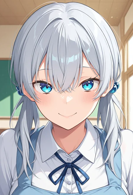 masterpiece, best quality, amazing quality, absurdres, 1girl, solo, (portrait:1.2), nanashiww, blue eyes, grey hair, long hair, twintails, low twintails, hair bobbles, hair between eyes, large breasts, school uniform, neck ribbon, pinafore dress, pleated dress, sleeveless dress, collared shirt, white shirt, looking at viewer, smile, indoors, day, skindentation, detailed clothing folds, depth of field, sharp, high contrast, dynamic light <lora:Nanashi_no_Shoujo_Yakousei_no_Ao_ill_v11:0.9>
