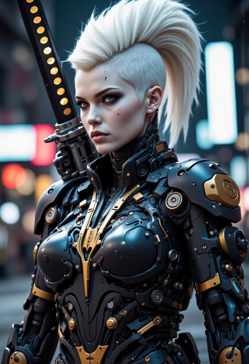 high angle camera view from above and at a distance, realism, skin texture style, Photo Quality Gorgeous Female Face, Ultra Pale Extremely White Skin, Tall White Mohawk Hair Style with sides of head shaved, detailed facial expression, High details face, High detailed Eyes, Full Body view, Mecharmor, futuristic, Jet Black with Very Dark Gold Trim Exosuit, Heavy Mech, Dynamic Aggressive Combat Pose, busty breasts, Cleavage with Covered Nipples, Exosuit, Extremely Low V cut top, Power Armor, futuristic, Tactical Futuristic Samurai Sword, Perfect hand, Heavy Mech, Armor Color Jet Black with Very Dark Gold Trim, Robot, Full body, Ready to strike, futuristic, (off-center composition, left aligned, Portrait),  Detailed hand, battle-worn, Gothic Neon Cyberpunk Night City Cityscape Background, cinematic film still glamorous photo dark art by Rafael Zabaleta, expressionism art by Asger Jorn, vibrant, Abstract expressionism, experimental painting techniques, bold bright colors, dynamic compositions, Expressionism, emotive brushwork, brilliant tones, dramatic lighting, introspective themes. high fashion, luxurious, extravagant, stylish, sensual, opulent, elegance, stunning beauty, professional, high contrast, detailed. shallow depth of field, vignette, highly detailed, high budget, bokeh, cinemascope, moody, epic, gorgeous, film grain, grainy